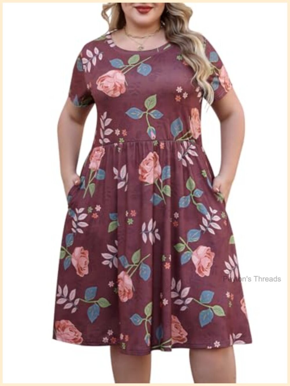Plus Size Fit and Flare Midi Dress with Pockets Stretch Knit Casual